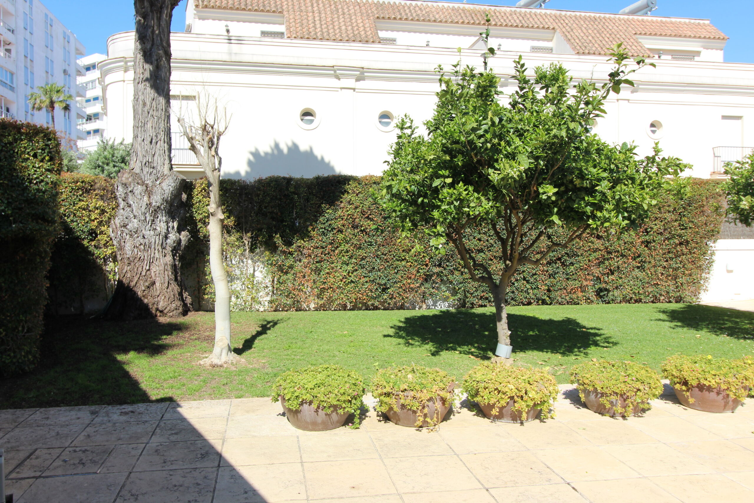 Jardín delantero de casa en venta en Rota con zona verde y patio exterior